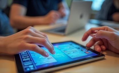 People collaborating on a tablet during a workshop.