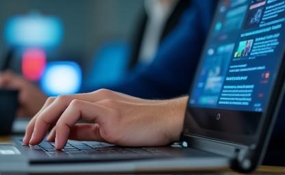 Person typing on a laptop with news headlines on screen.