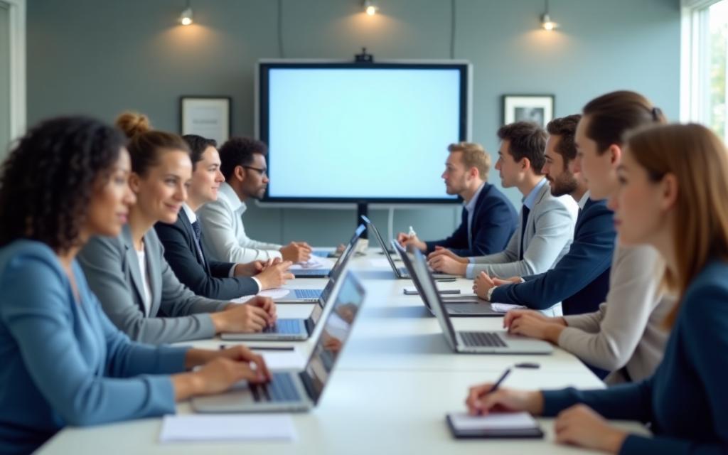 Group of diverse individuals engaged in a media training session, looking attentive and collaborative.